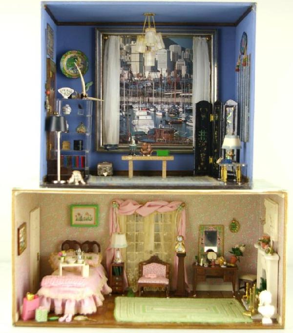 TWO DIORAMAS BY JEANNE KNOOP: "Condominium on Hong Kong Harbor" and "Ladies Bedroom", miniatures include black mother-of-pearl three-panel screen, marble table, petit-point rugs, Lucite etagere, chrome lamp, enamel wall plaque, bu