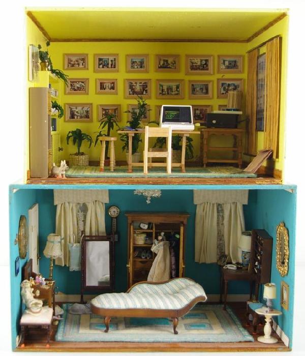 TWO DIORAMAS BY JEANNE KNOOP: "Home Office Room" and "Ladies Dressing Room", miniatures include wall art, furniture, petit-point rugs, settee, ladies dresses and accessories, etc., c.1981, largest 10x14in. The Knoop Collection