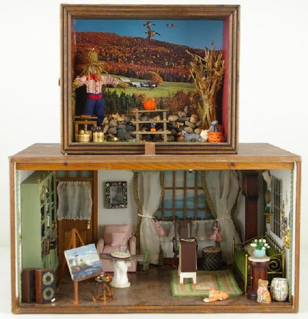 TWO DIORAMAS BY JEANNE KNOOP: "Big Sur Perspective" and "Autumn Barnyard Scene", miniatures include furniture, petit-point rug and pillow, grandfather clock, linens, animals, scarecrow, etc., c.1980, largest 10x18in. The Knoop Col
