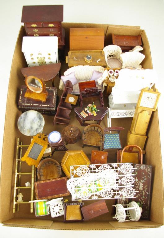 HUNDREDS OF DIORAMA/DOLL HOUSE MINIATURES: including formal and casual furniture, porcelain, brass, wood, glass, Lucite, animals, kitchen items, bathroom items, rugs, artwork, lighting fixtures and more The Knoop Collection