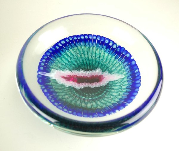 GARY BEECHAM (American, b.1955) ART GLASS BOWL: in deep blue, with turquoise, red and pink elements, signed 'Gary Beecham 1987 Color Study Vessel', 5x11in.