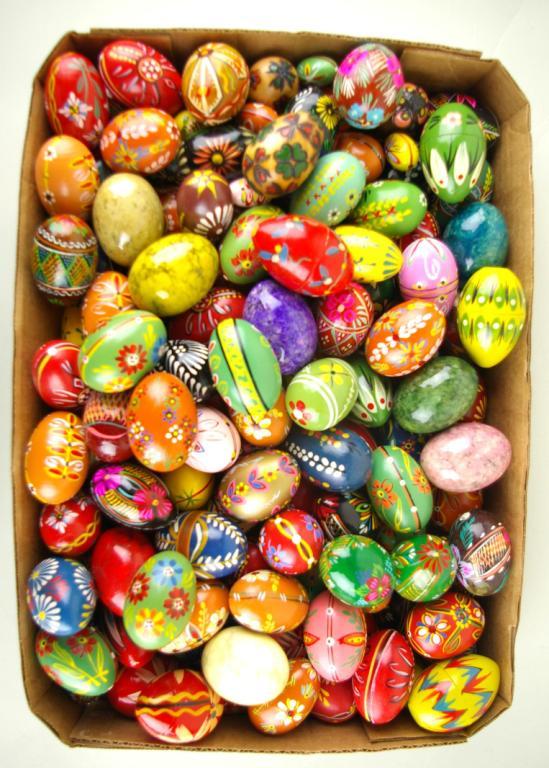 COLLECTION OF 100+ DECORATIVE EGGS: mostly wood, including hand-painted, miniature, marble, etc.