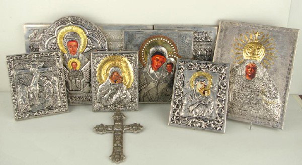 NINE SILVERTONE ICONS AND A CRUCIFIX: two with hand painting, crucifix with paper label marked Antonio Fernandez Barrazan Mexico, all purchased in Mexico