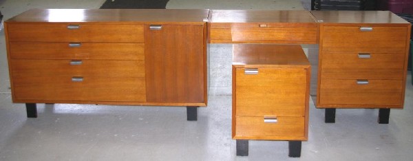 4-PC. GEORGE NELSON FOR HERMAN MILLER BEDROOM SET: including a dresser, 30x56x19in., a demure chest, 30x24x19in., a night cabinet, 25x18x19in., and a bridge vanity with lift-top and interior light, 6x30x9in., foil label reads George Nelson Design, Her