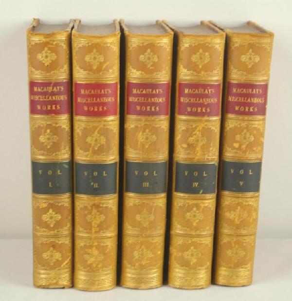 MACAULAYS MISCELLANEOUS WORKS IN 5 VOLUMES half lea: MACAULAYS MISCELLANEOUS WORKS IN 5 VOLUMES half leather with marbled panels, edited by his sister Lady Trevelyan, published by Harper & Brothers, New York, Franklin Square, 1880 (wear, rubs, scuffs)