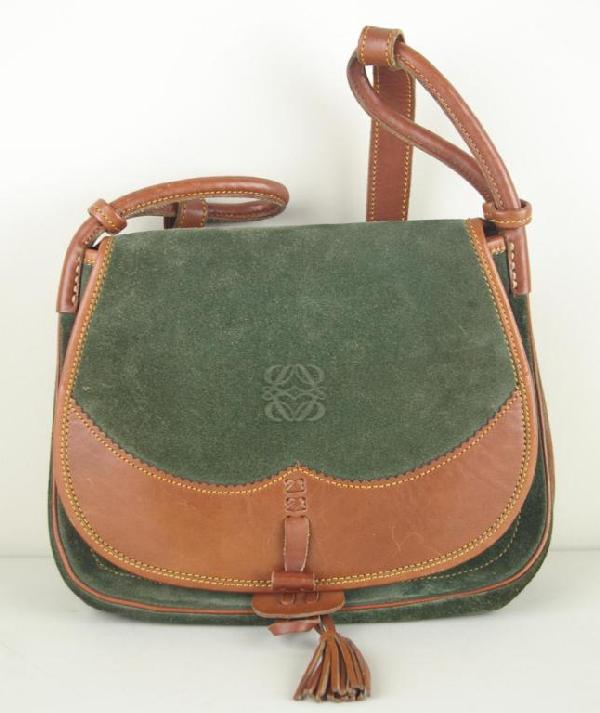 LOEWE GREEN SUEDE AND BROWN LEATHER SADDLE BAG imp: LOEWE GREEN SUEDE AND BROWN LEATHER SADDLE BAG impressed mark on interior reads Loewe Madrid 1846 Made in Spain