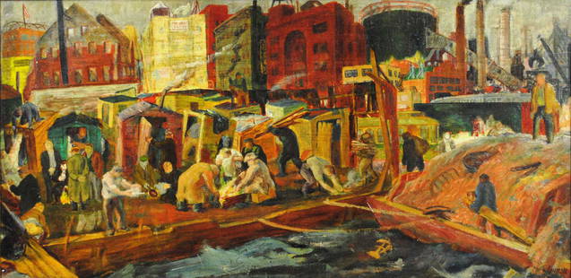 PHILIP REISMAN (New York, 1904-1992): city genre- likely depicting a depression era waterfront encampment with garbage scow, oil on Masonite, signed 'Philip Reisman' (lower right), UV light reveals 4 (1.5"-2.5") inpainted areas at upper c