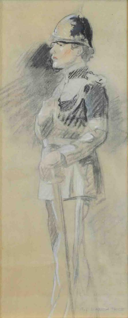 MARY ELIZABETH PRICE (Pennsylvania, 1877-1965): full length depiction of a soldier in profile, mixed media, signed 'M. Elizabeth Price' (lower right), some scattered creases, sight 17.5x7.5in., overall framed 20x9.5in.