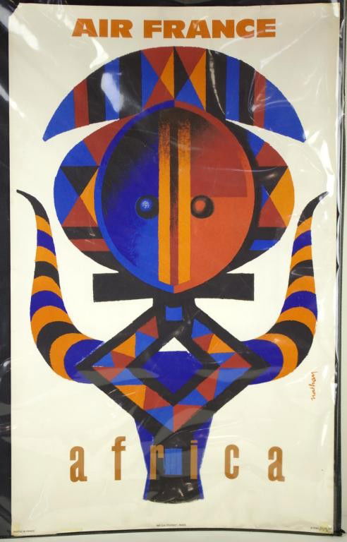 TWO VINTAGE AFRICA TRAVEL AIRLINES POSTERS includin: TWO VINTAGE AFRICA TRAVEL AIRLINES POSTERS including a silkscreen poster for Air France by Jacques Nathan, 39x24in, and an offset poster for TWA by David Klein, 40x25in., both with edge wear, staining
