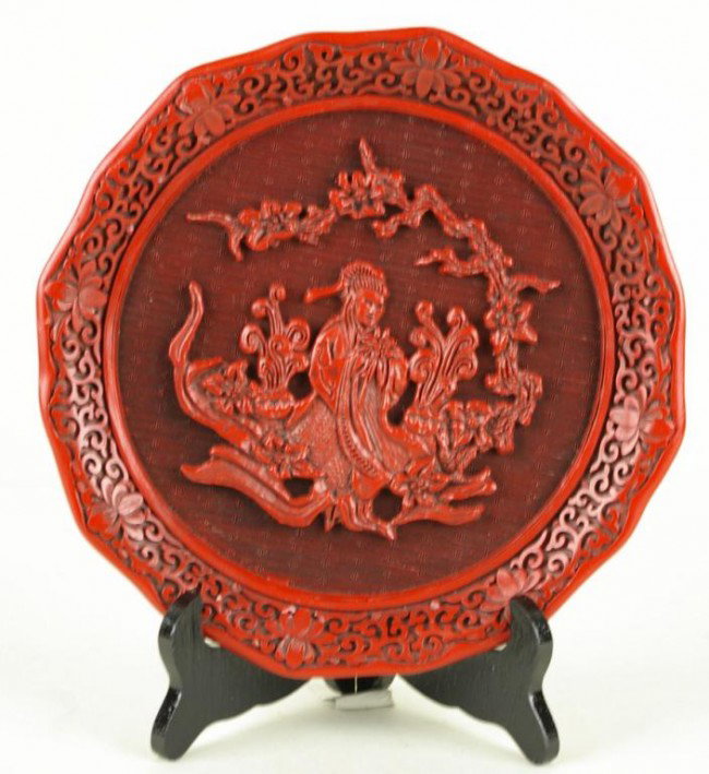 SET OF 5 CINNABAR COLLECTOR PLATES from the series: SET OF 5 CINNABAR COLLECTOR PLATES from the series "The Five Perceptions of Weo Cho", each described as "An original work of art in the tradition of Chu Yuan-chang, from the Ming Dynasty", 9in.