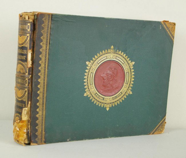 ANTIQUE GERMAN ARCHITECTURAL BOOK "Denkmaler der Ku: ANTIQUE GERMAN ARCHITECTURAL BOOK "Denkmaler der Kunst", translated details read "203 Boards in Lithography" and "Publishing House of Paul Neff 1893", binding as is, wear