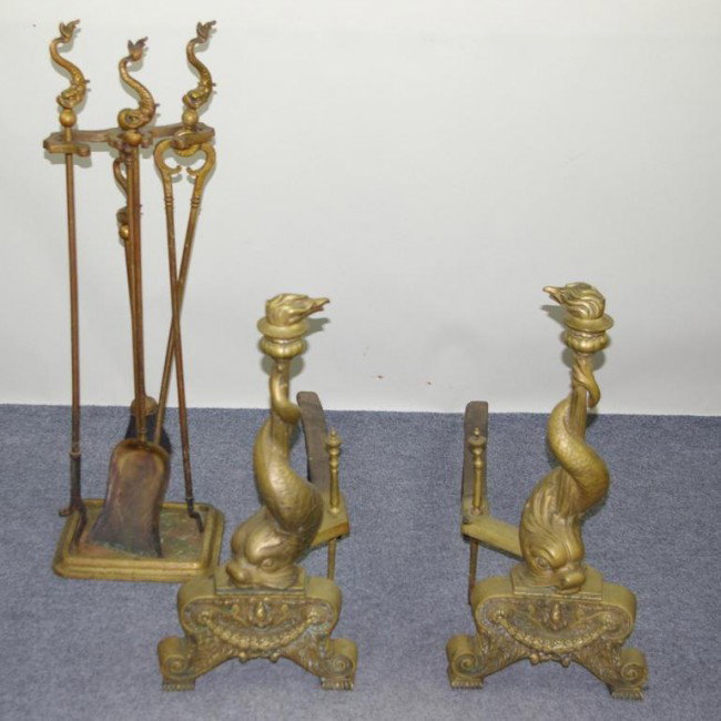 PAIR OF DOLPHIN-FORM ANDIRONS AND FIREPLACE TOOLS i: PAIR OF DOLPHIN-FORM ANDIRONS AND FIREPLACE TOOLS including 24x30in. andirons and a five-piece fireplace tool set, overall 33in.