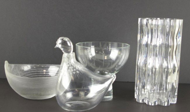 4-PIECE SIGNED CRYSTAL GROUP including a large Orr: 4-PIECE SIGNED CRYSTAL GROUP including a large Orrefors vase, Rosenthal textured bowl, Flygsfors pedestal vase/compote, and a Kosta bird-form decanter