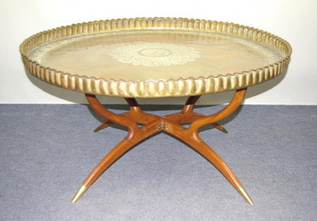 BRASS TRAY-TOP COCKTAIL TABLE in mid-century style: BRASS TRAY-TOP COCKTAIL TABLE in mid-century style, 18x39in.