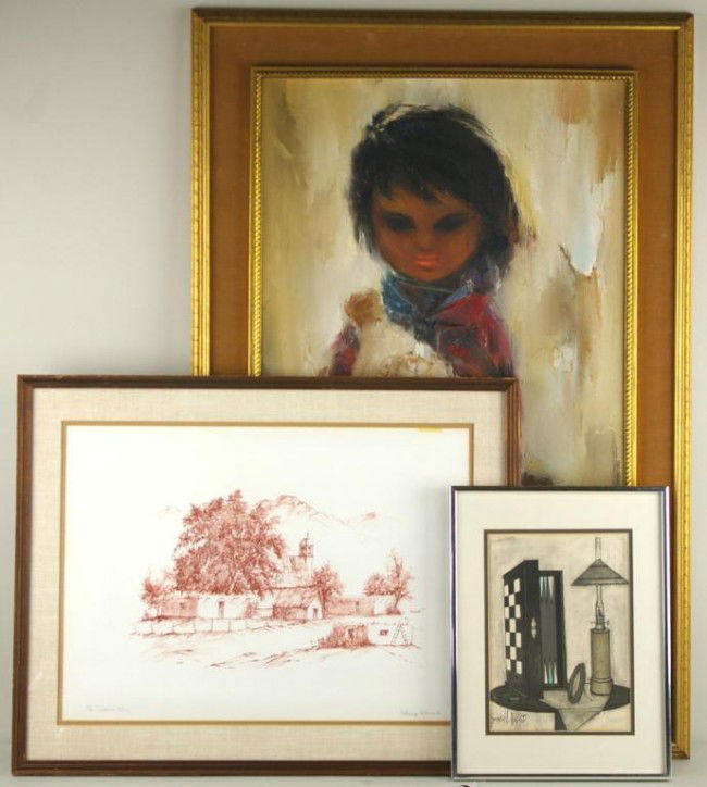 THREE ARTWORKS INCLUDING BERNARD BUFFET LITHOGRAPH: THREE ARTWORKS INCLUDING BERNARD BUFFET LITHOGRAPH includes Bernard Buffet lithograph "Backgammon", signed in plate, 11x8in., Katheryn Williams lithograph "Cerrillos Village", pencil signed, titled an