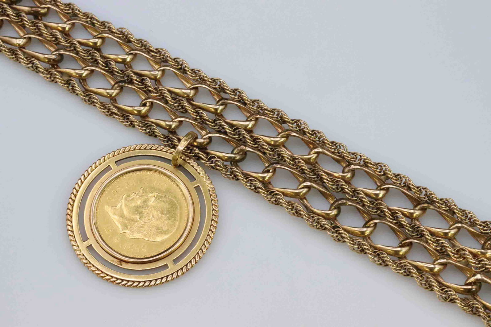 14K WIDE FANCY LINK BRACELET WITH MEXICAN COIN (1 of 2)