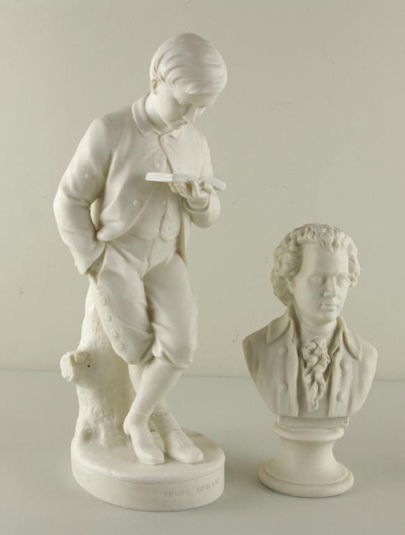 COPELAND PARIAN FIGURE AND A MOZART PARIAN BUST: COPELAND PARIAN FIGURE AND A MOZART PARIAN BUST Young England figure marked Copeland Copyright Reserved C Halse SC, 15in. (chips), together with a bust of Mozart (minor crack or flaw on shirt), 9in.
