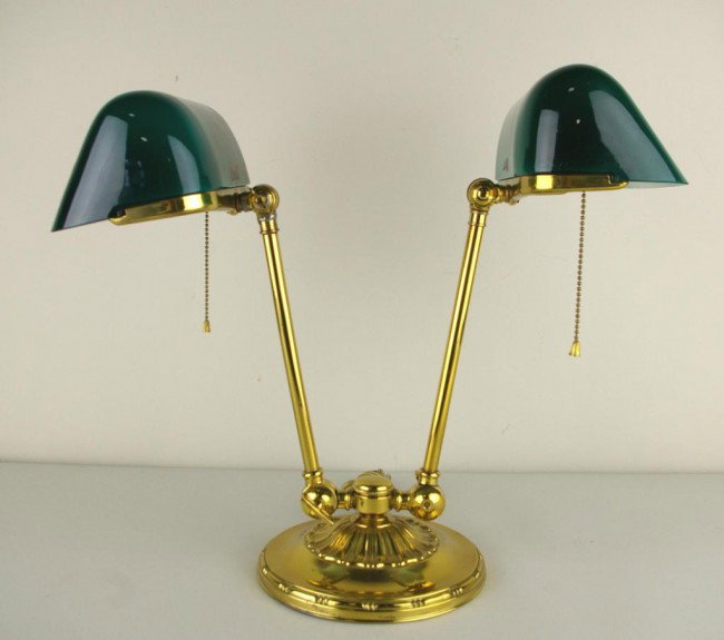 EMERALITE DOUBLE STUDENT OR PARTNERS LAMP: EMERALITE DOUBLE STUDENT OR PARTNERS LAMP model 8734, repairs to one upright, one replaced armature, 16in.