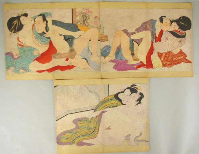 THREE JAPANESE SHUNGA WOODBLOCK PRINTS, 19THC.: THREE JAPANESE SHUNGA WOODBLOCK PRINTS, 19THC. with tinting, each depicting a couple locked in an erotic embrace, each mounted on paper with center crease and inscribed number at upper right, possibly