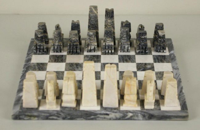 ONYX CHESS SET MARKED MEXICO, 14in.: ONYX CHESS SET MARKED MEXICO, 14in.