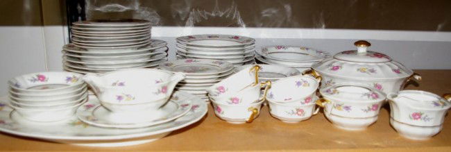54-PIECE RAYNAUD & CO. LIMOGES CHINA SERVICE: 54-PIECE RAYNAUD & CO. LIMOGES CHINA SERVICE for Gimbel Brothers, in floral pattern, comprising 8 (10") plates, 8 (7") plates, 8 (6.5") plates, 7 (8") soup bowls, 5 (5") sauce bowls, 5 teacups, 6 sauc