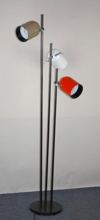 LIGHTOLIER MODERN THREE-ARM FLOOR LAMP: LIGHTOLIER MODERN THREE-ARM FLOOR LAMP with adjustable shades in white, beige and orange, label of Lightolier inside one shade, 64in.