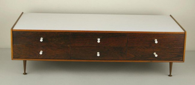 MID-CENTURY MODERN SIX-DRAWER TABLE-TOP CHEST: MID-CENTURY MODERN SIX-DRAWER TABLE-TOP CHEST with laminate top, 9x30x13in. Note: Impressed number 5215 under base, possibly Herman Miller