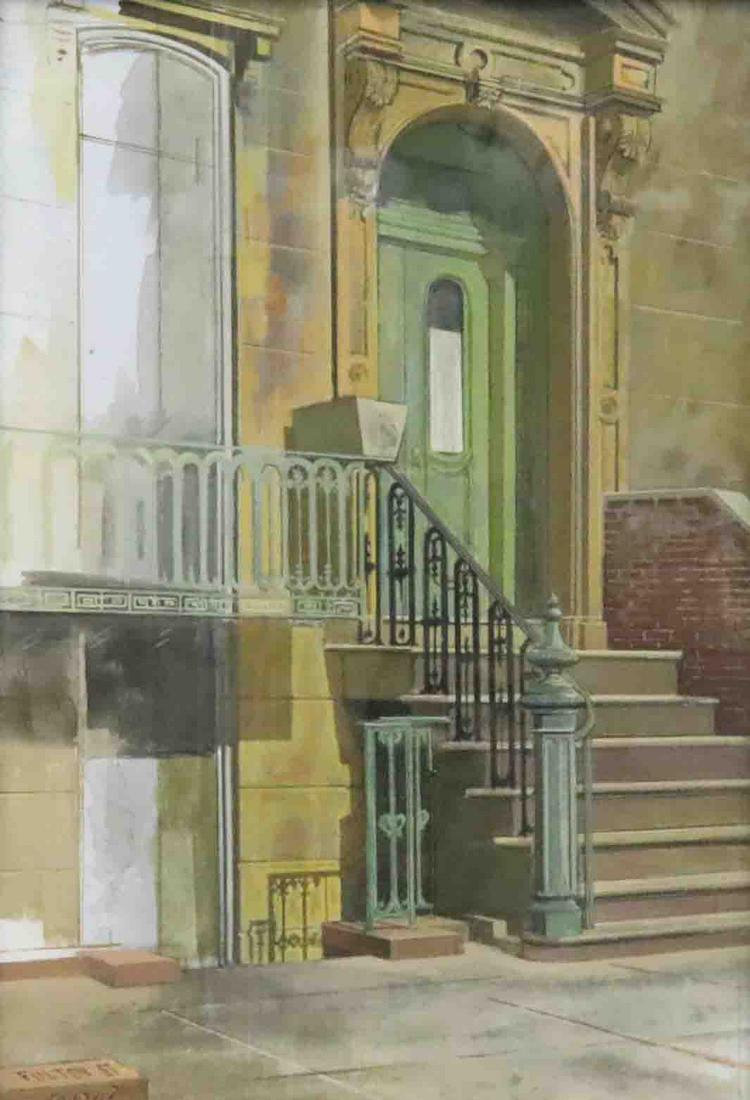 ADOLF FERDINAND KONRAD (New Jersey, 1915-2003): 'House on Fulton St.', gouache on canvasboard under glass, signed on a brick at lower left 'Konrad, Fulton St', verso with pencil inscription on cardboard backing reads: 'Adolf Konrad, Flanders, NJ, H