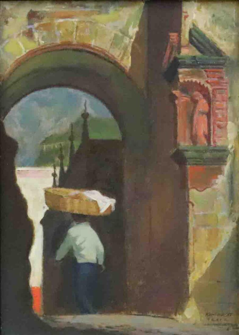 ADOLF FERDINAND KONRAD (New Jersey, 1915-2003): "Street of the Arch", oil on Masonite, 1955, signed "Konrad 55, Taxco" (lower right), attached notation verso citing artist, title and date, good condition, 10x7in., overall framed 18.5x15.5in.Provena