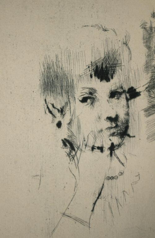 JACK LEVINE (New York, 1915-2010): Contemplation", etching, pencil signed and numbered 3/250, label with title verso, 7x5in.