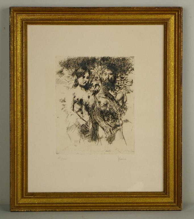 JACK LEVINE (New York, 1915-2010): "Adam and Eve", etching, 1963, pencil signed and numbered 51/100, 10x8in.