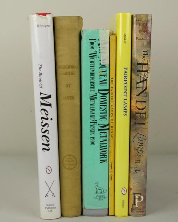 SIX ANTIQUE & COLLECTIBLE REFERENCE BOOKS: subjects include Handel lamps, Meissen, Wedgwood, Art Nouveau metalwork, and Pairpoint lamps