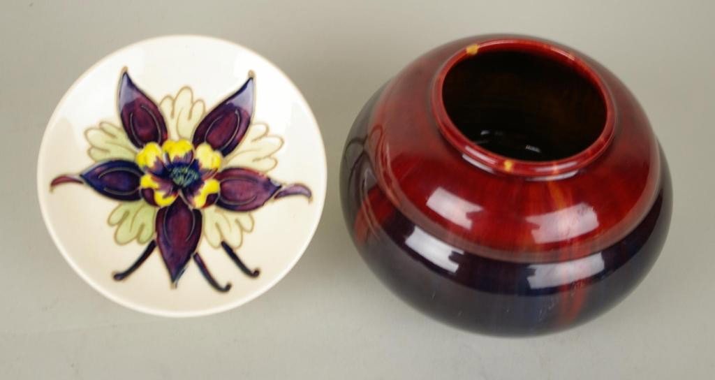2-PIECE ART POTTERY GROUP: comprising a 4" Deco vintage oxblood-glazed bowl by Michael Andersen & Sons, Denmark (marked MA&S Denmark), and a 4.5" vintage Moorcroft Columbine dish with orchid center (impressed Moorcroft mark)