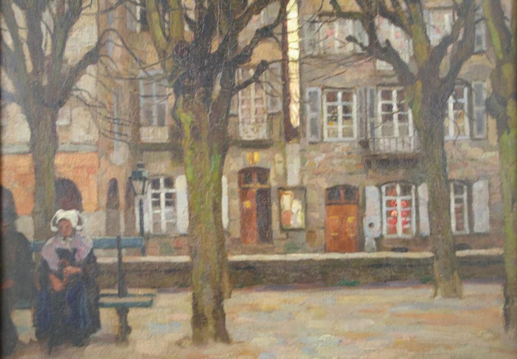 VIKTOR GILSOUL (Belgian, 1867-1939): Couple Seated on Bench in a Town Square, oil on canvas, signed lower left, titled illegibly lower right "Dinah ___", relined, 18x21in.