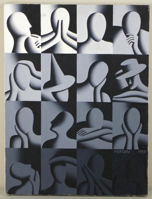 MARK KOSTABI (New York, b.1960): Conversation Pieces - Shades of Grey, oil on canvas, signed and dated 1997, signed, titled and dated verso canvas, 24x18in.