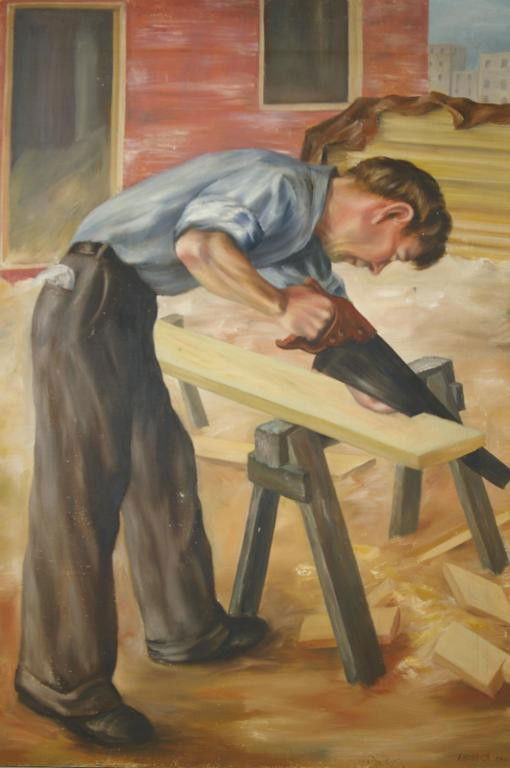 1940 WPA PAINTING - THE CARPENTER: signed A. Heinrich 1940, oil on canvas, verso stretcher inscribed "N.J.A.P.G.E.A. 9 HEI. THE CARPENTER", verso canvas marked Heinrich (small puncture lower center), 42x30in.