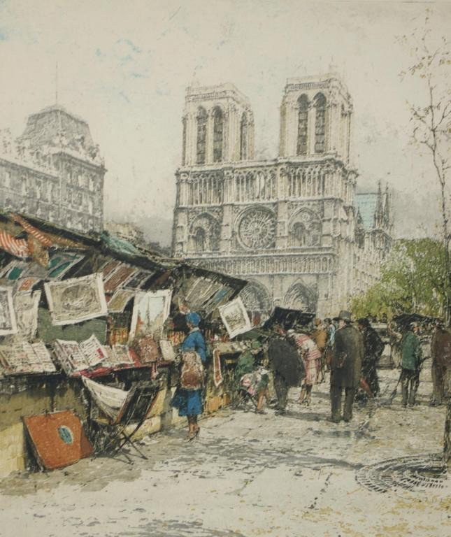 LUIGI KASIMIR (Austrian, 1881-1962) : Bouquinistes, etching and aquatint, pencil signed, depicting the Parisian outdoor book sellers, 15x15in.