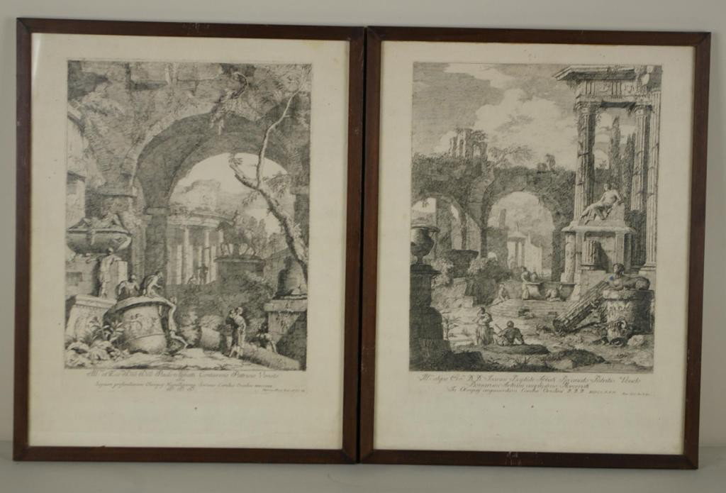 TWO MARCO RICCI ETCHED BOOK PLATES, 1730: on laid paper, plates 9 & 10, each depicting landscapes with classical ruins and figures, plate 10 with Dedication: "Illmo et Eccmo Dno Dno Paolo Abbatti Contareno Patricio Veneto in Signum profundiss