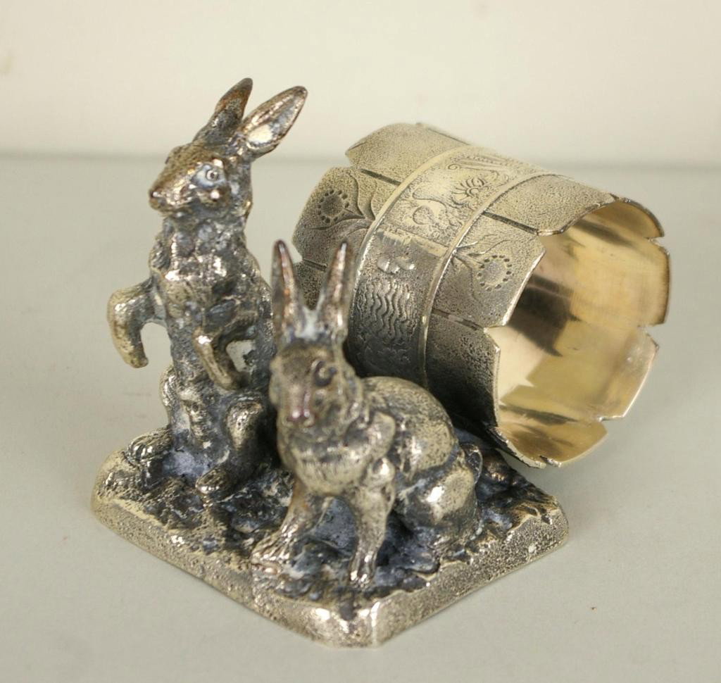 DOUBLE RABBIT FIGURAL SILVERPLATE NAPKIN RING: by Pairpoint, 3in.