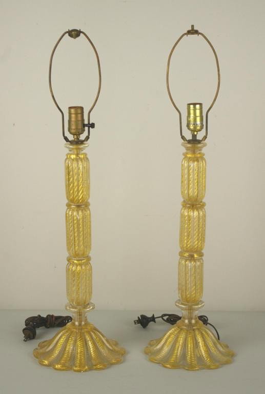 PAIR OF BAROVIER & TOSO MURANO GLASS LAMPS: in gold-flecked design, bearing paper label reading: "Barovier & Toso Murano 19247 Made in Italy", 18in.