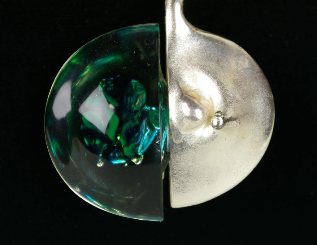 BJORN WECKSTROM KILIMANJARO PENDANT NECKLACE: sterling and acrylic, c.1970's, produced by Lapponia, marked W 925 Lapponia, chain marked Sterling, chain 28in., pendant 3in.