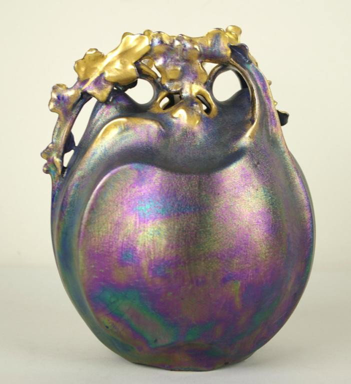 KARLSBAD NOUVEAU POTTERY VASE BY CARL KNOLL: with iridescent paint, gilt leaves and branches, 8in.
