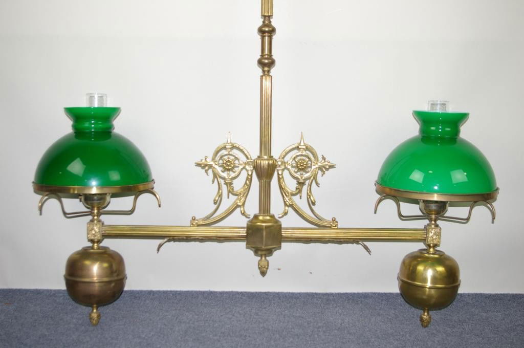 VICTORIAN BRASS 2-LIGHT HANGING BILLIARDS FIXTURE: electrified, green cased milk-glass globes, 41x46in.