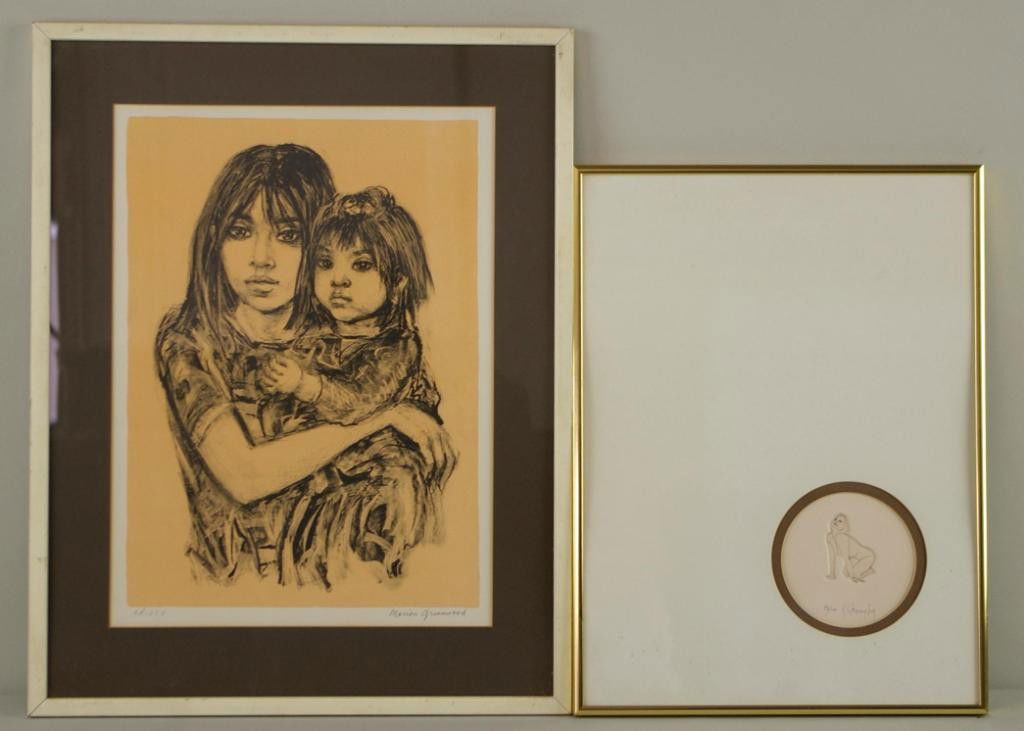ESTATE GROUP OF TWO PENCIL SIGNED PRINTS: one depicting a young girl and child by Marion Greenwood, the other an illegibly signed intaglio etching of a kneeling nude, largest 15x11in.