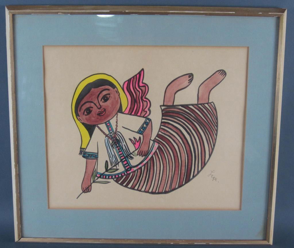 MANUEL LEPE MACEDO (Mexican, 1936-1984): watercolor, depicting a girl with flower, signed, 17x20in.