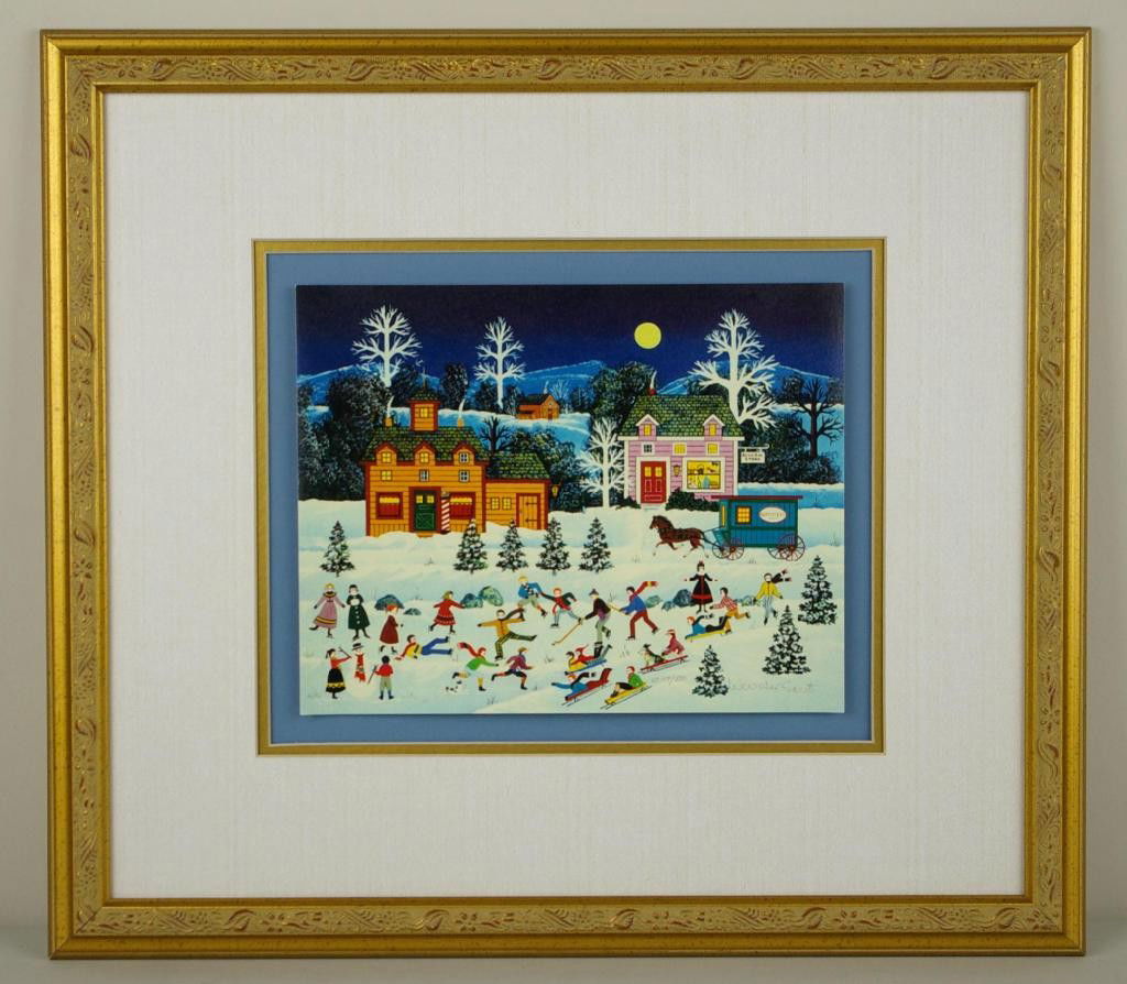 FRAMED SET OF FOUR JANE WOOSTER SCOTT LITHOGRAPHS: including A Profusion of Posies, The Party's Over, Nannies on Parade and Frosty Frolics, each an edition of 500, pencil signed, titled and numbered, double matted, 9x12in.