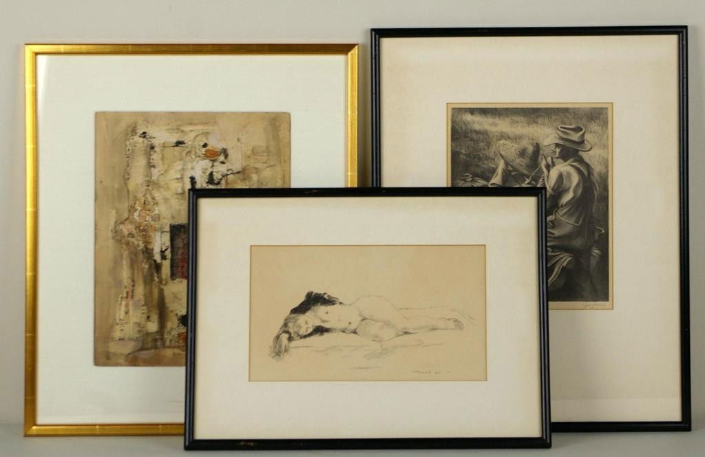 3-PIECE ESTATE ART GROUP: including a watercolor abstract "Dream City" signed Maria Potocka 1964, label of Saidenberg Gallery verso, 13x10in., an offset print "Sleeping Nude" after Alexander Brook, 7x12in., and an offset litho
