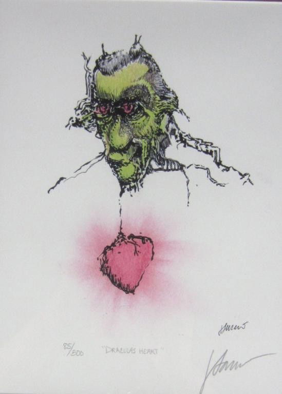 JERRY GARCIA SIGNED OFFSET COLOR LITHOGRAPH: lead guitar player for the Grateful Dead, titled "Dracula's Heart", numbered 85/500, with COA from Ambassador Galleries, NYC, 12x9in.