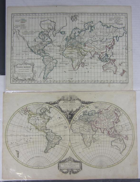 2 ANTIQUE HAND-COLORED ENGRAVED MAPS OF THE WORLD: by Robert de Vaugondy, unframed, both titled "Mappe Monde", one a double hemisphere dated 1780, the other a standard view dated 1778, each 11x17in.
