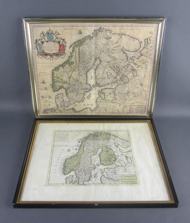 2 ANTIQUE SCANDINAVIAN HAND-COLORED ENGRAVED MAPS: of Scandinavia, one including western Russia (soiling and small tears), largest 17x21in.